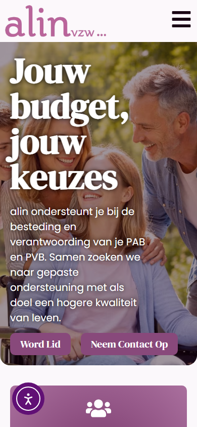 Mobiele weergave van de website van Alin VZW