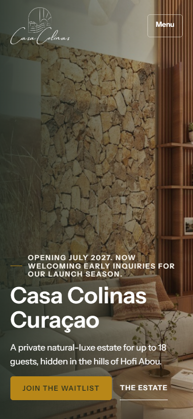 Mobiele weergave van de website van Casa Colinas Curaçao