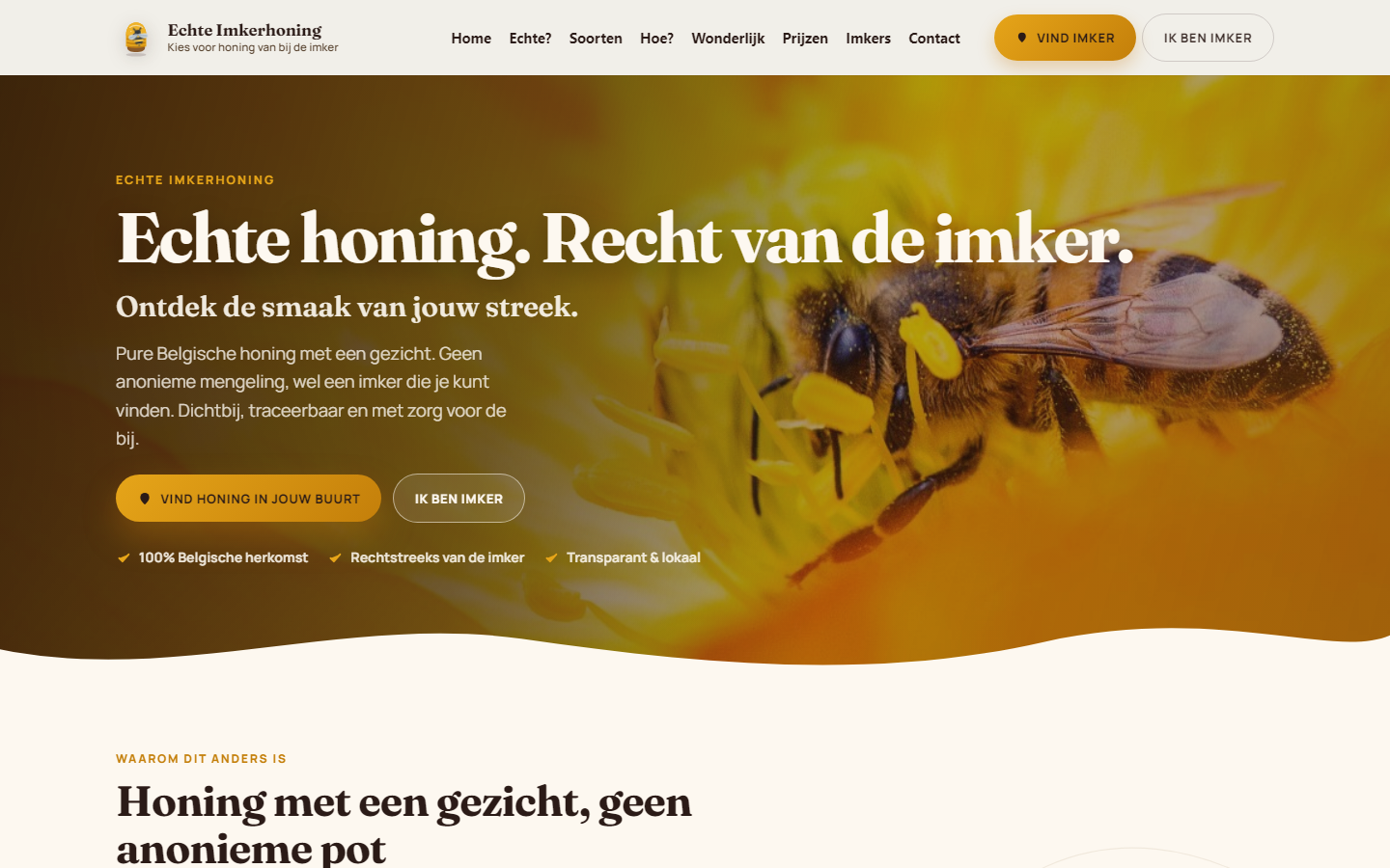 Desktopweergave van de website van Echte Imkerhoning