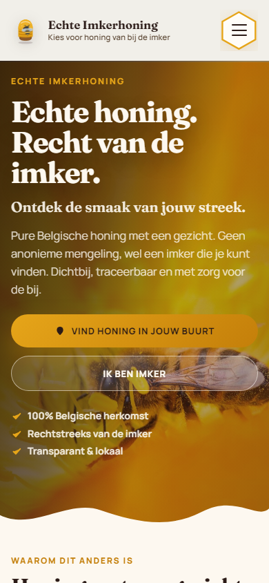 Mobiele weergave van de website van Echte Imkerhoning