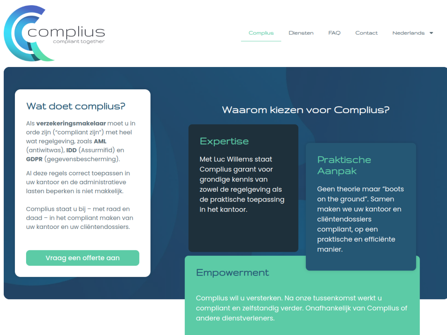 Desktopweergave van de website van Complius