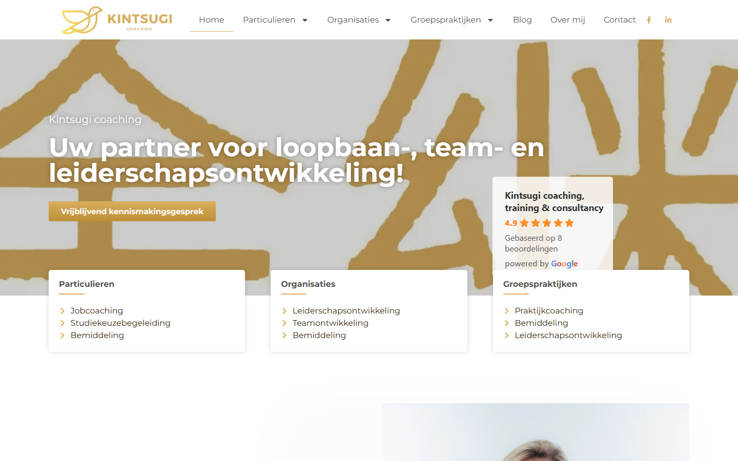 Desktopweergave van de website van Kintsugi Coaching