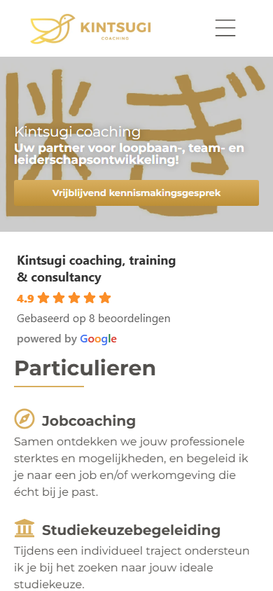 Mobiele weergave van de website van Kintsugi Coaching