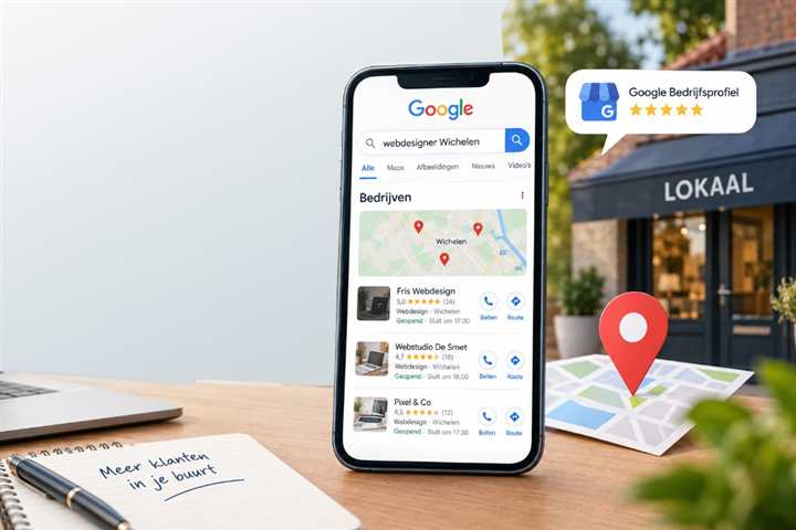 Smartphone met Google local pack resultaten voor webdesigner Wichelen, met Fris Webdesign op de eerste plaats