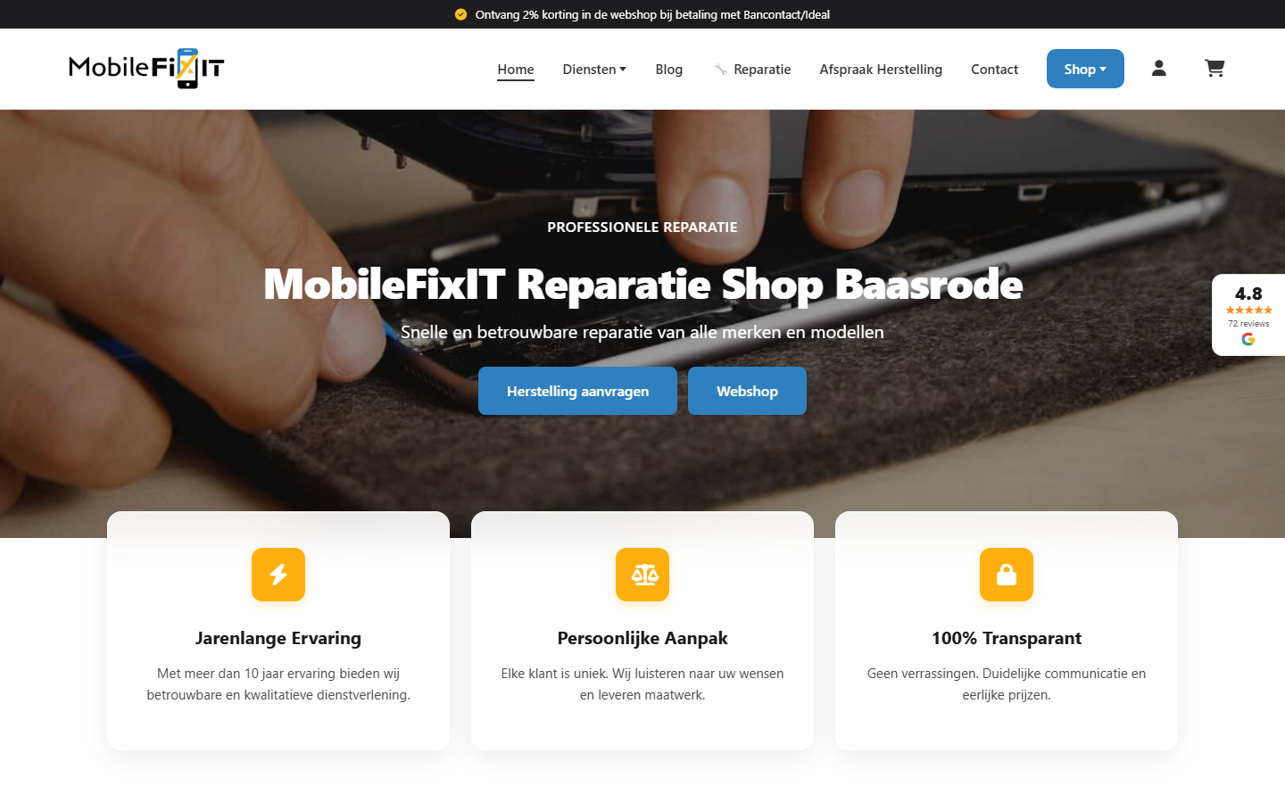 Desktopweergave van de website van Mobilefixit