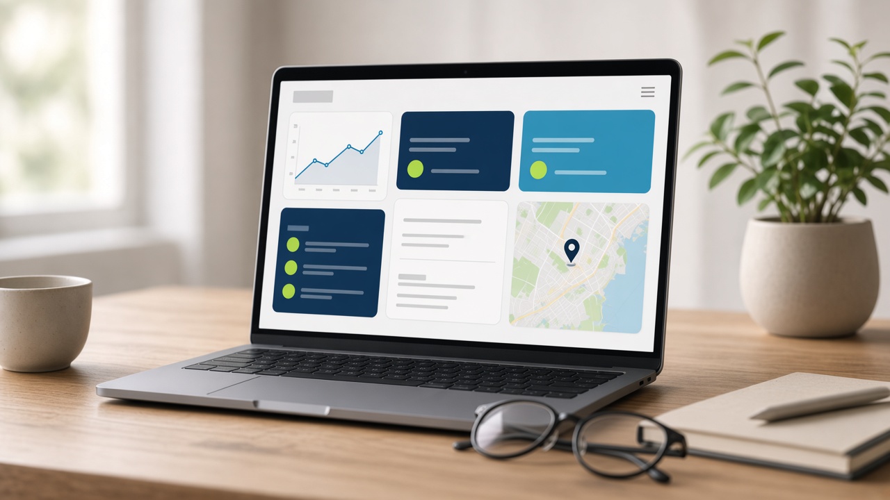 Laptop op een bureau met een abstract SEO-dashboard en grafieken, zonder tekst